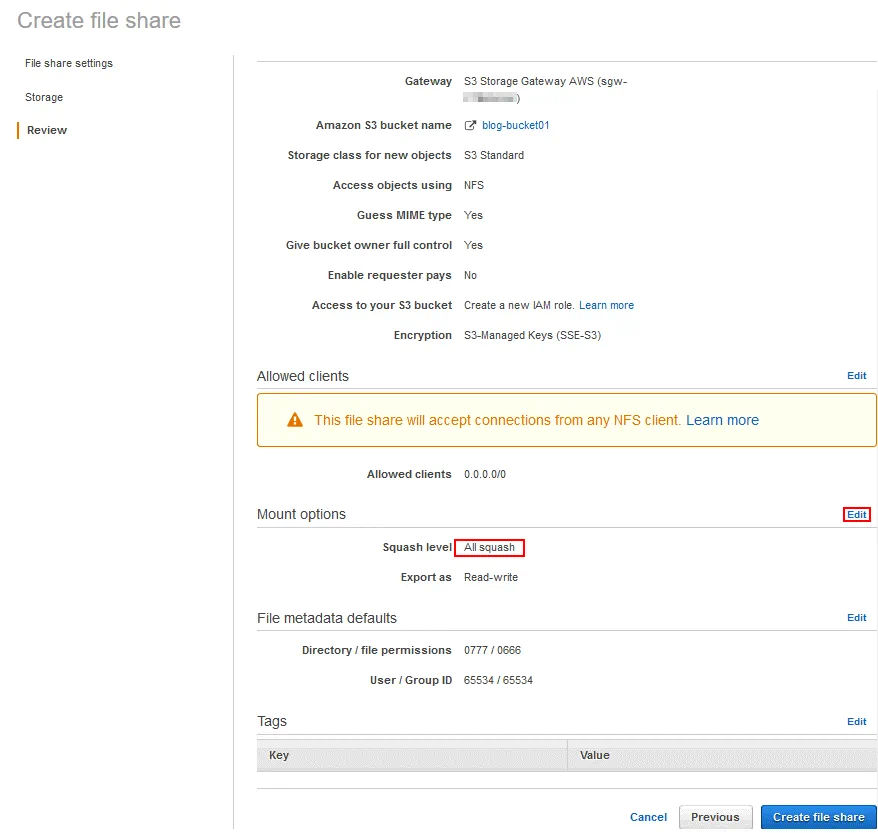 Review of the file share configuration on Amazon Storage Gateway