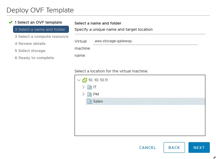 Selecting a name and folder to deploy Amazon Storage Gateway on an ESXi host