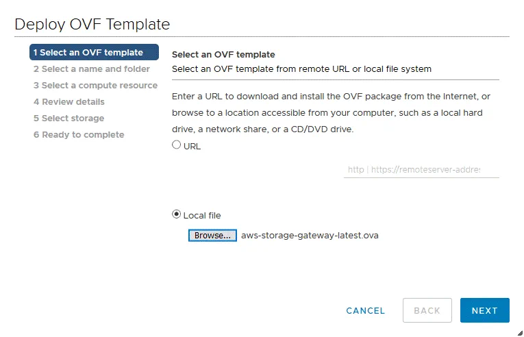 Selecting the downloaded Amazon Storage Gateway template file