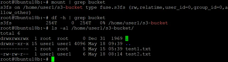 The Amazon S3 bucket has been mounted successfully on Linux boot