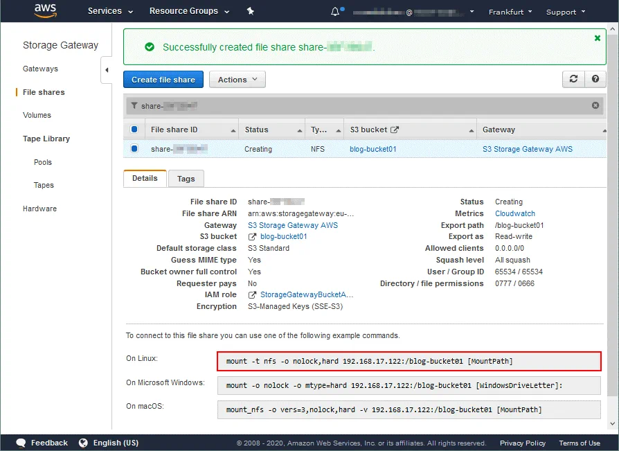 The NFS file share is created on AWS gateway storage
