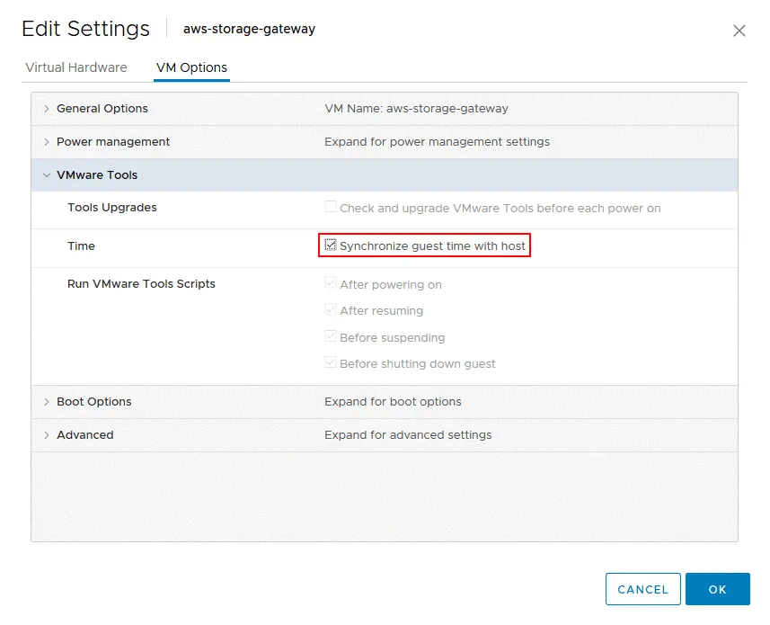 Time on the VM must be synchronized with the host