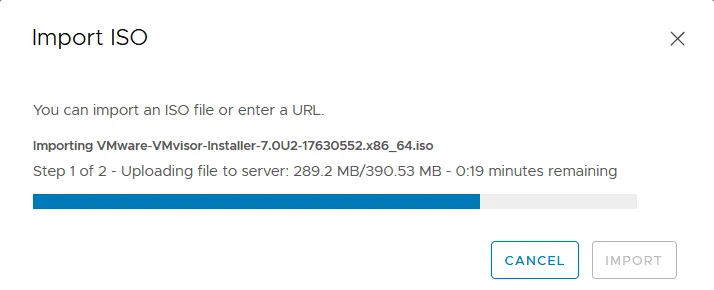 The ESXi 7.0 installation ISO image is uploading to the repository of Lifecycle Manager