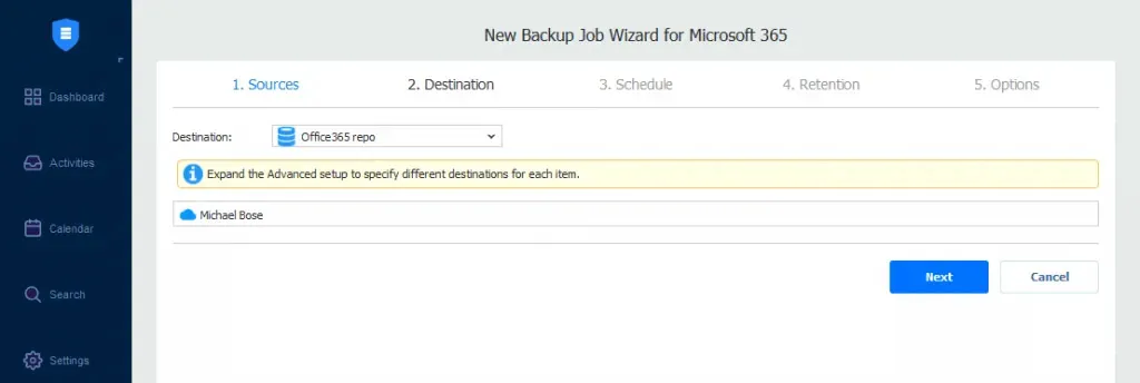destination page of the backup job process