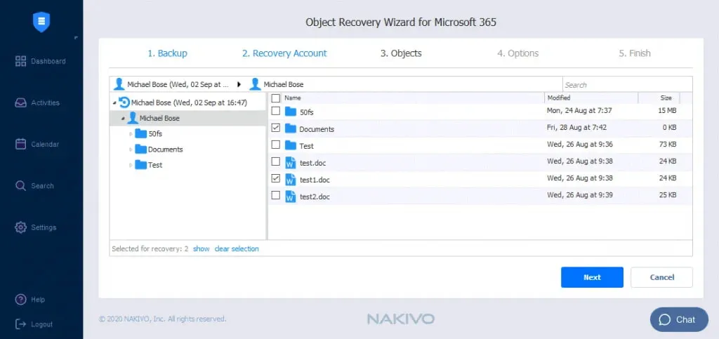 objects page in the recovery wizard