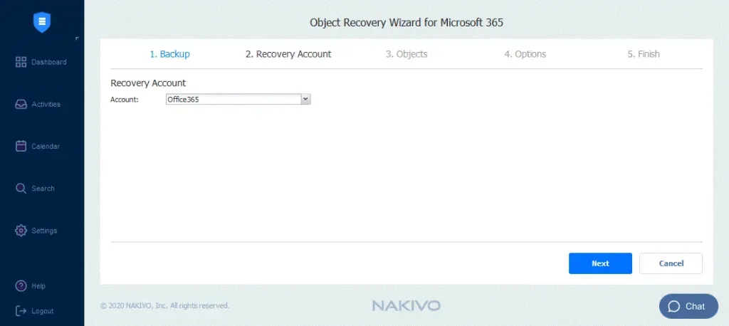 recovery account page of the recovery wizard