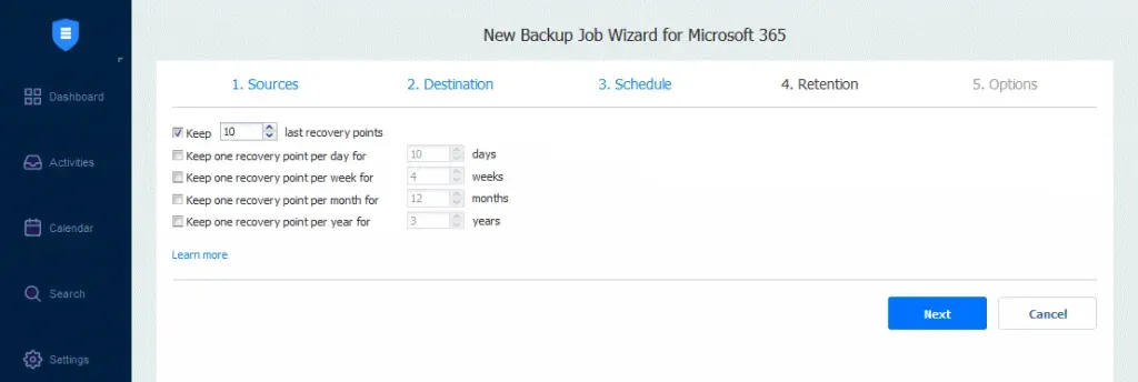 retention page in the backup job wizard