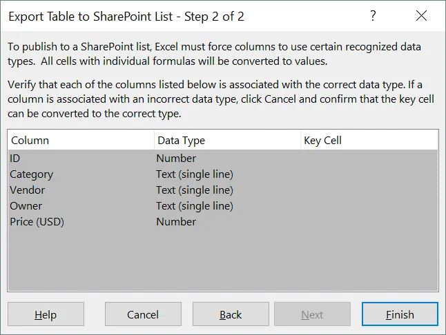 Selecting data types to export tables from Excel to SharePoint lists