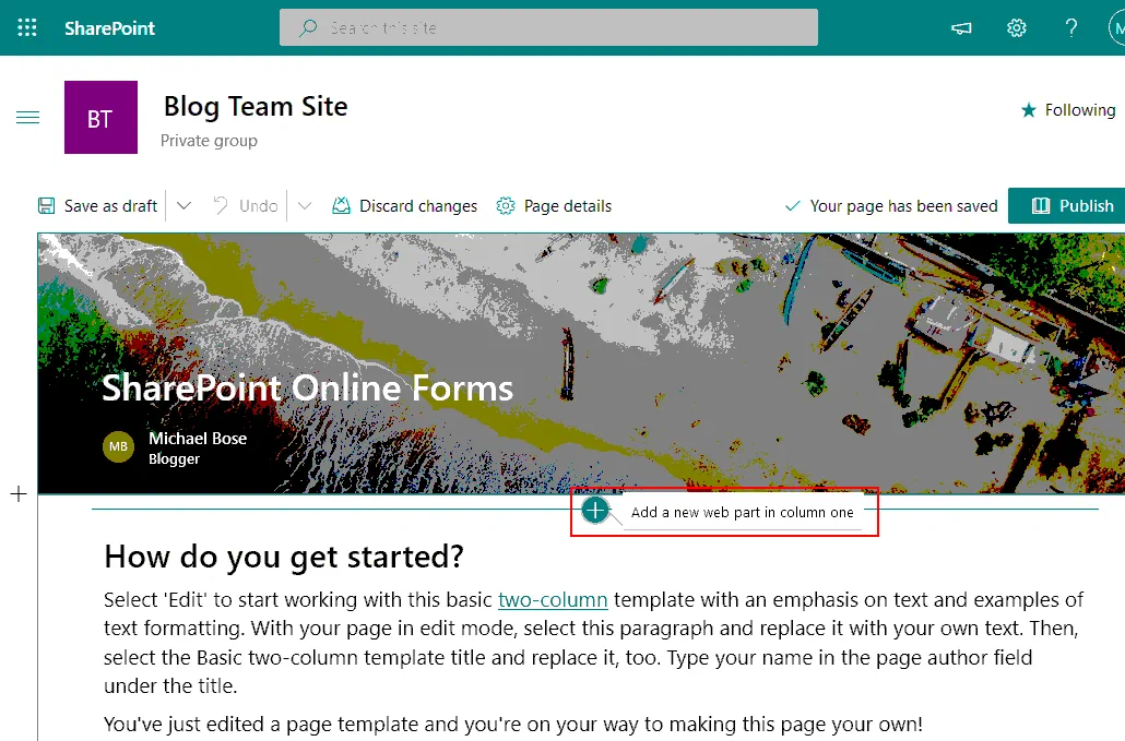Adding a new web part in column one