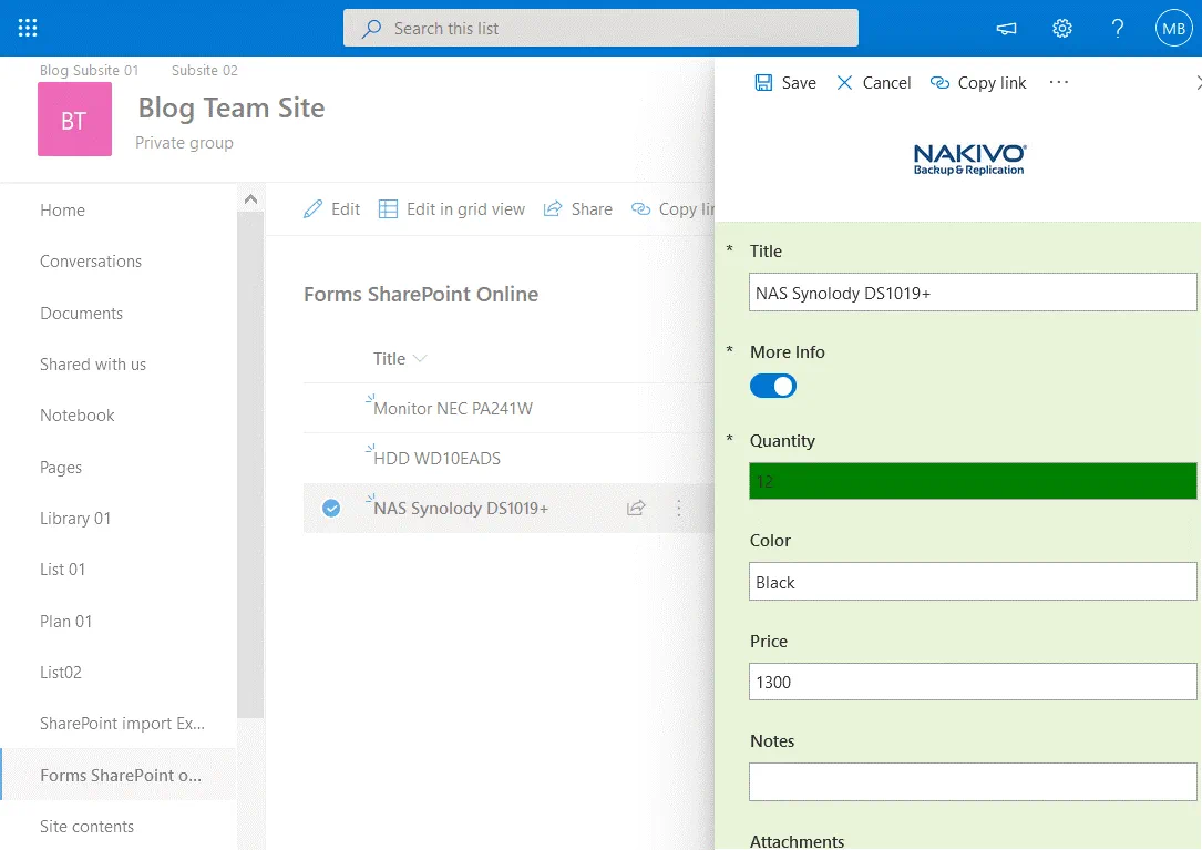 The field is filled with the green color in a SharePoint form if the value is 1 or more