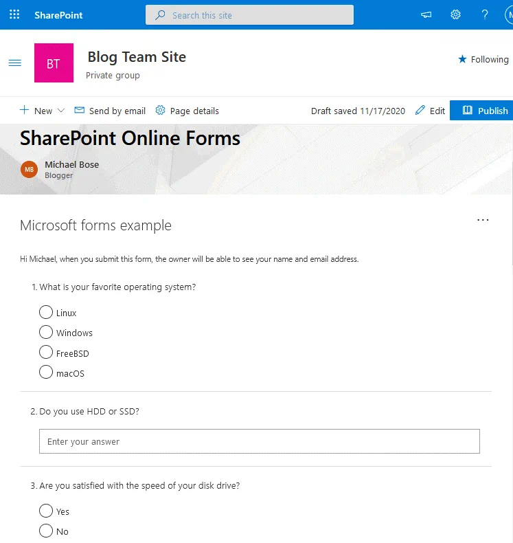 The poll created by using Microsoft Forms is published on a team site page
