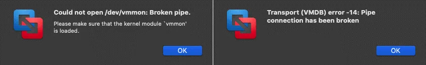 Error messages are displayed when trying to start a VM in VMware Fusion