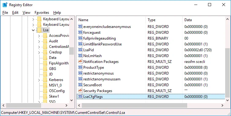 How to disable LSA in Windows Registry