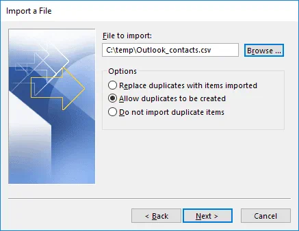 Allow duplicates to be created when you import CSV to Outlook