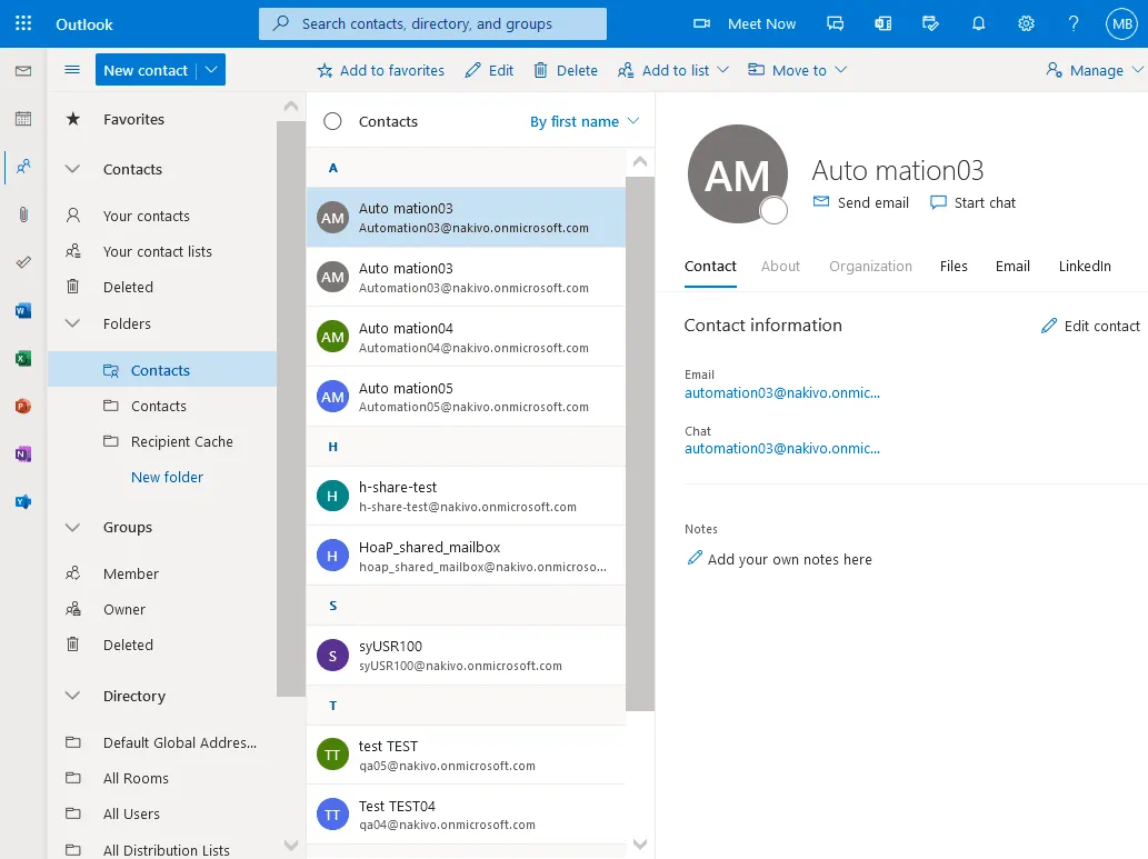 CSV contacts have been imported to Outlook Online in Office 365
