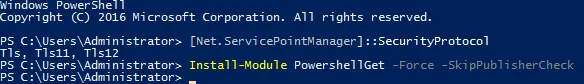 Checking security protocols and installing the PowerShellGet module