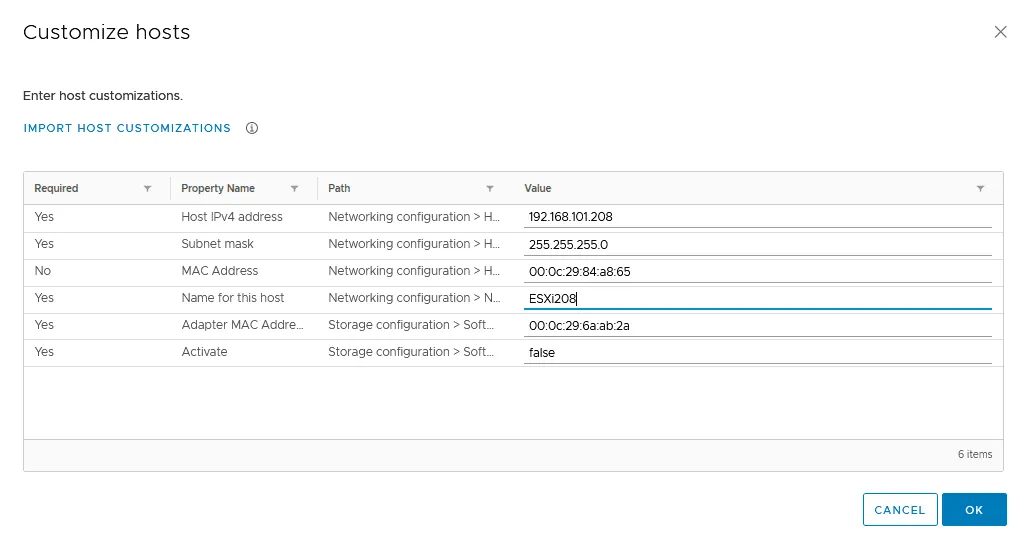 Editing host customizations to apply configuration from a host profile