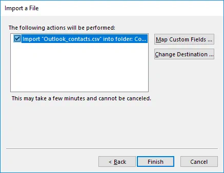 Finishing configuration and importing contact to Outlook