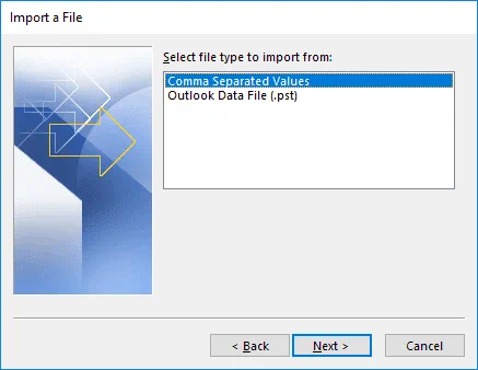 Import CSV to Outlook – select the Comma Separated Values option