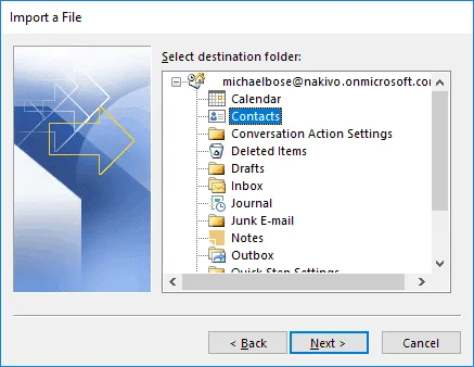 Select a folder and import contact list to Outlook