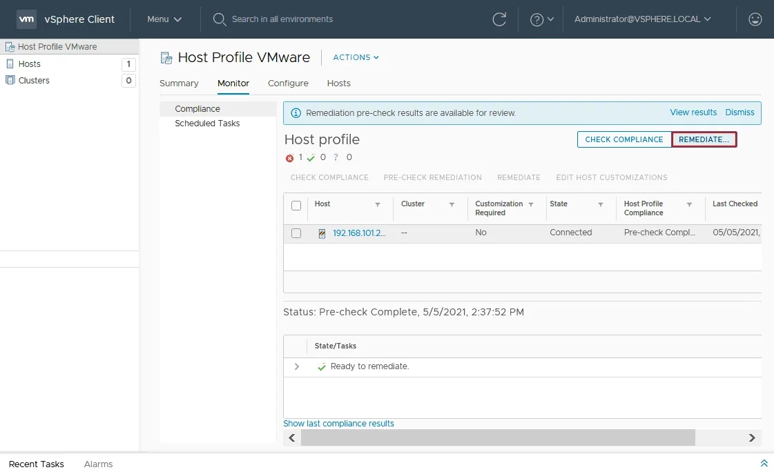 The ESXi host is ready to remediate and apply configuration from the host profile