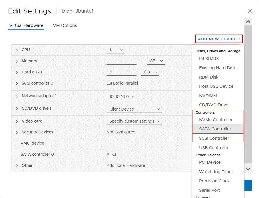 Adding a new SCSI storage controller, SATA controller, or NVMe controller