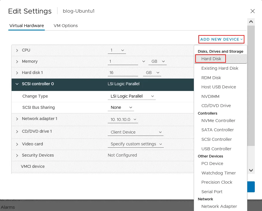 Adding a new virtual hard disk in VM settings