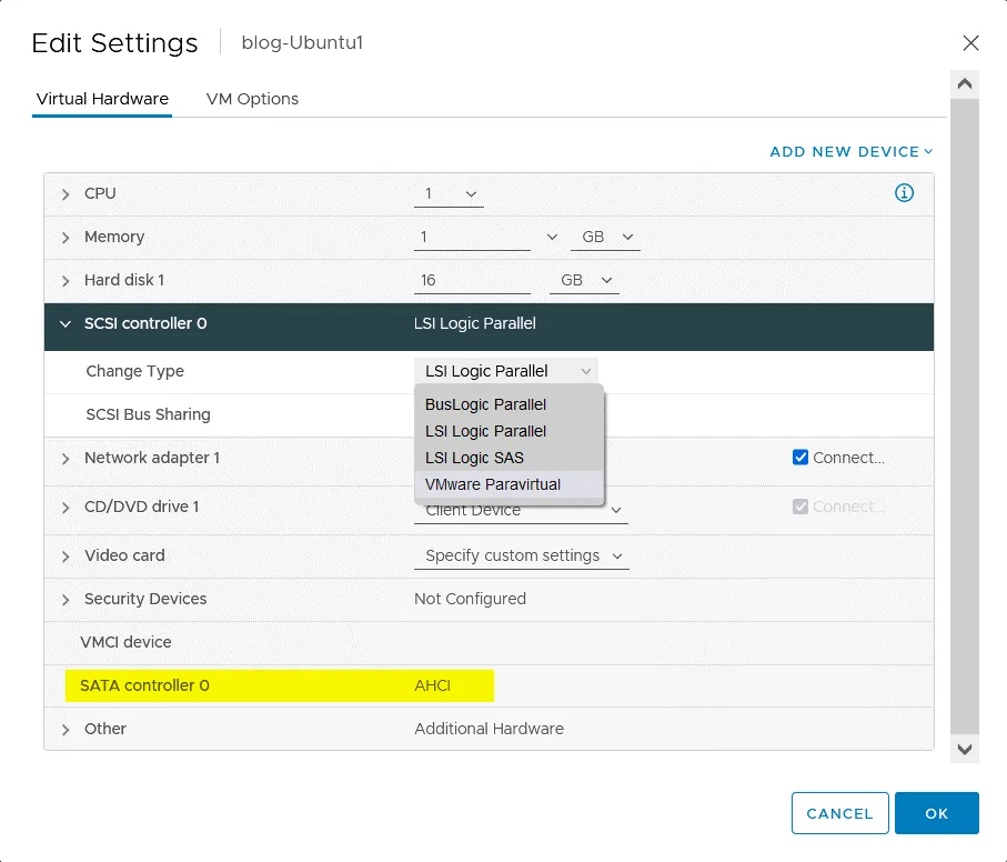 Changing SCSI types for a storage controller in VMware vSphere