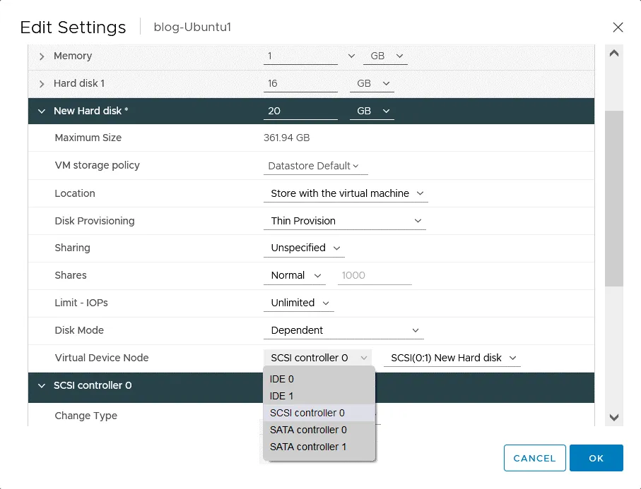 Connecting a virtual disk to a SCSI controller or SATA controller for a VMware VM