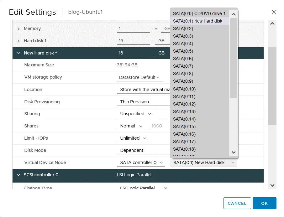 Selecting a virtual device node for a virtual disk connected to the SATA storage controller
