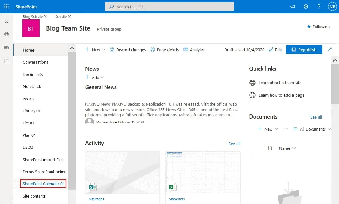Un calendrier SharePoint s'affiche sur le site SharePoint.