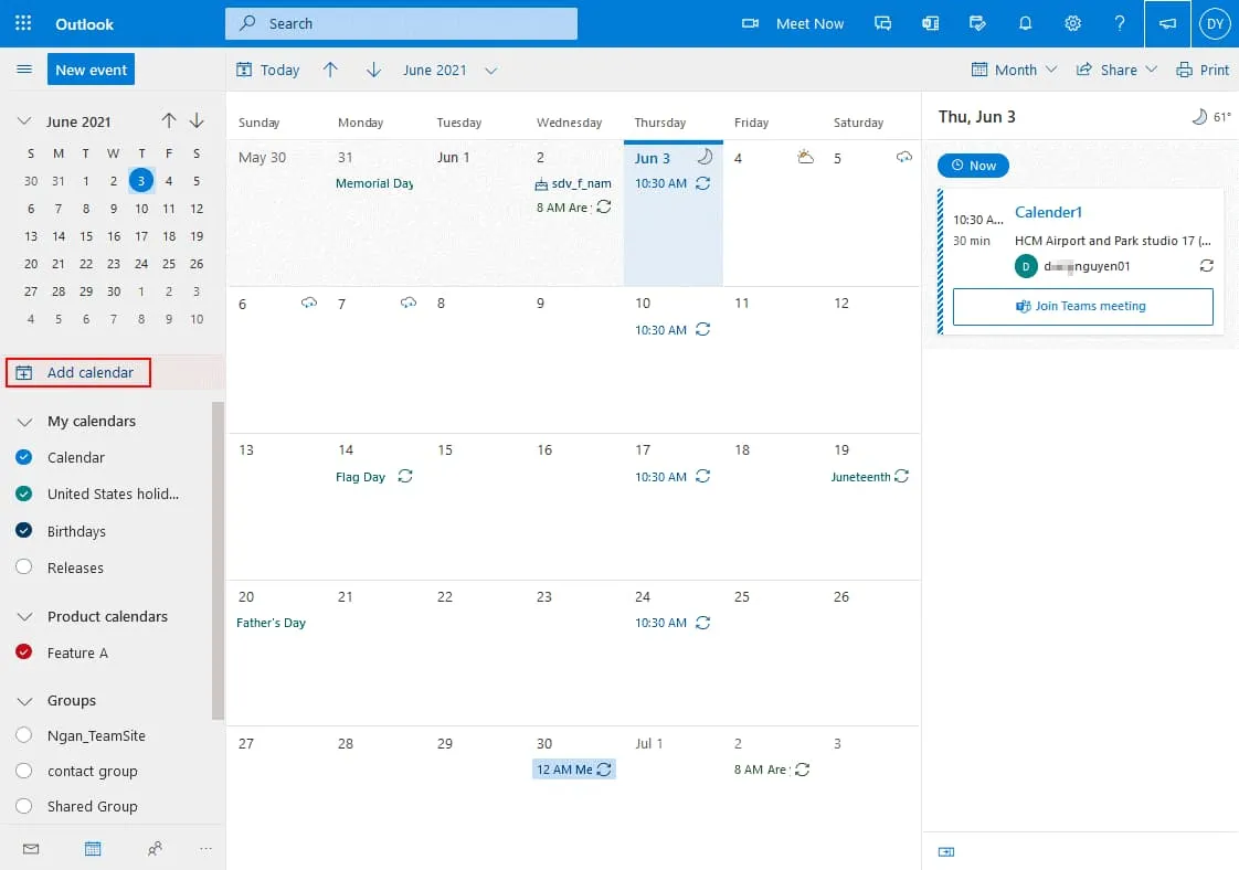Un calendrier dans Outlook Online