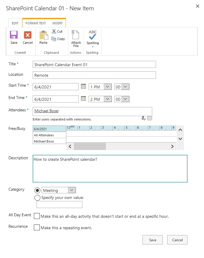 Un calendrier dans SharePoint – création d'un nouvel événement