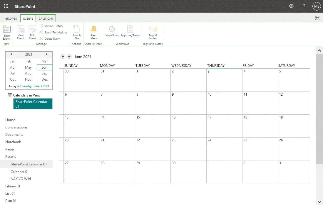Un nouveau calendrier SharePoint est créé.
