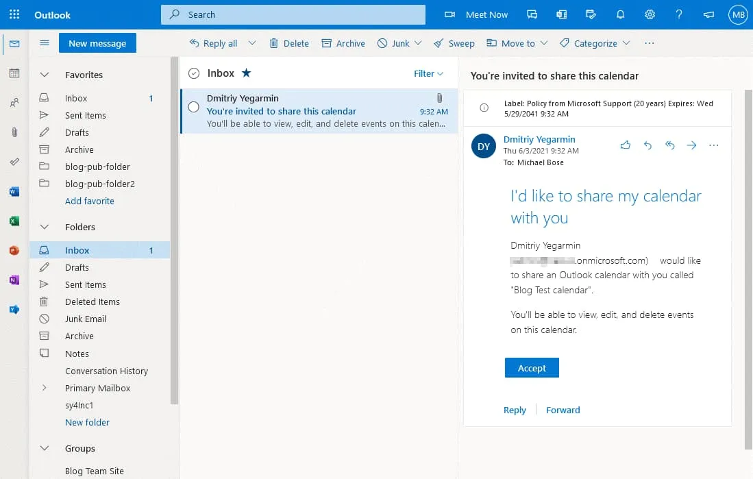 An invitation message is sent to share a calendar