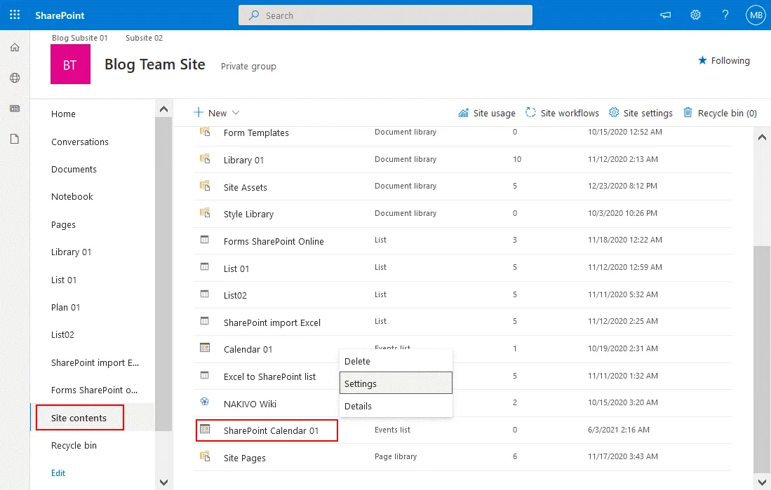 Configuration des paramètres d'un calendrier SharePoint