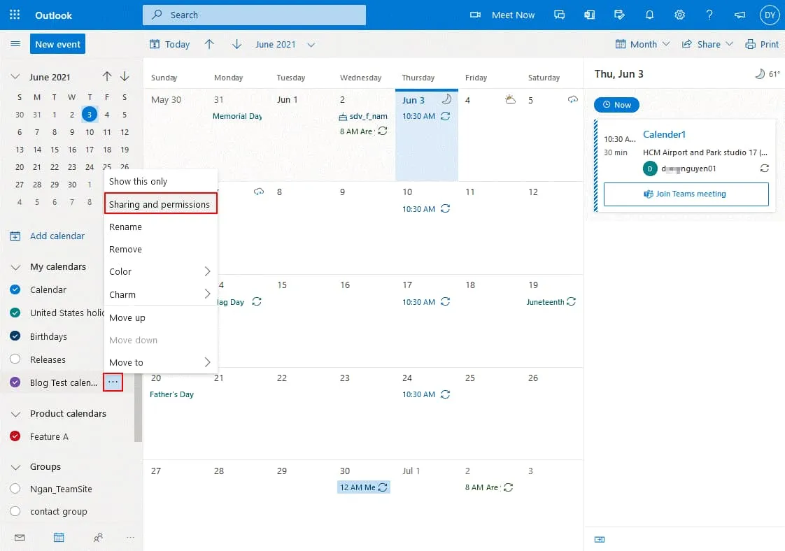 Configuring sharing and permission settings for a calendar in Outlook Online