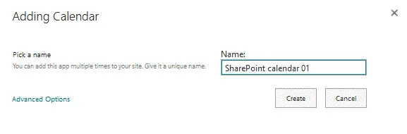 Création d'un nouveau calendrier SharePoint Office 365