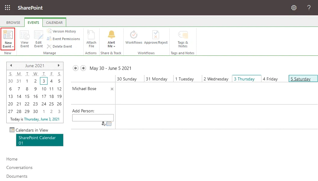 Création d'un nouvel événement dans un calendrier SharePoint