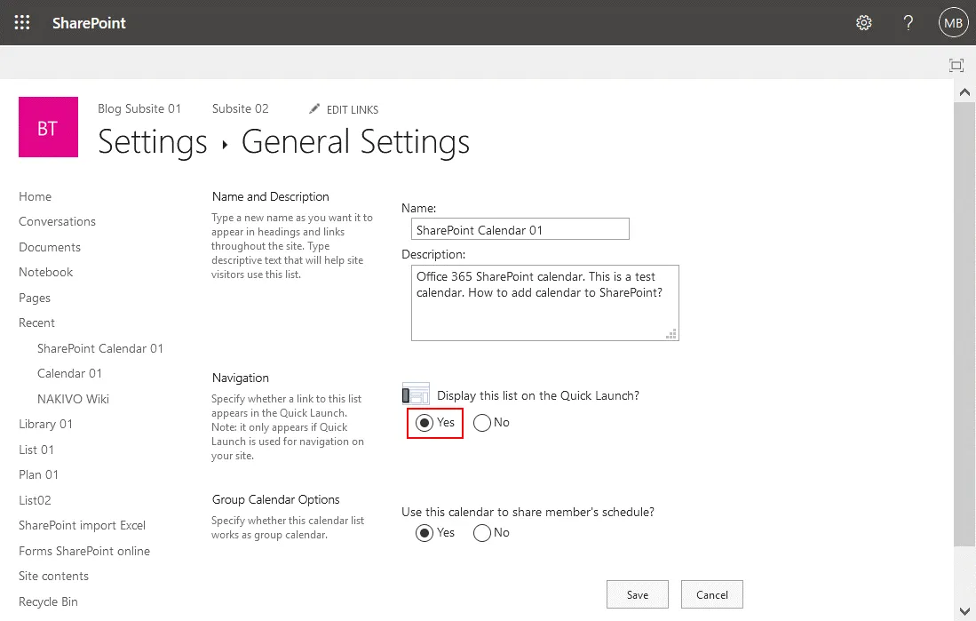 Editing settings of the Office 365 SharePoint calendar