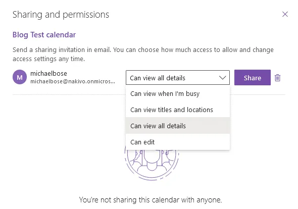 Selecting sharing permissions for the calendar in Outlook Online