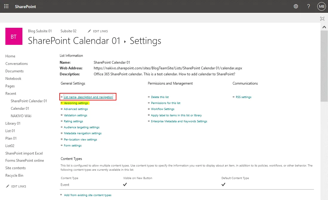 Settings of the Office 365 SharePoint calendar