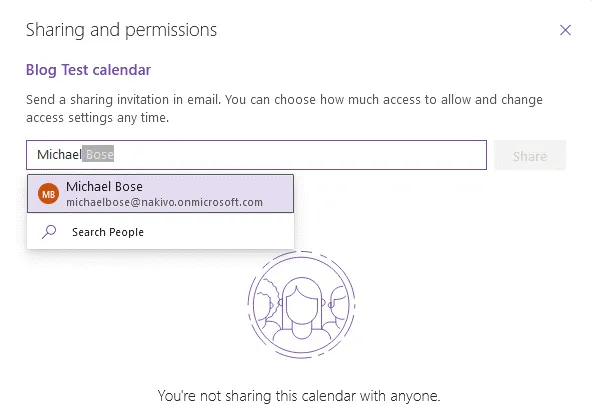 Sharing and permissions for the Outlook calendar – selecting users