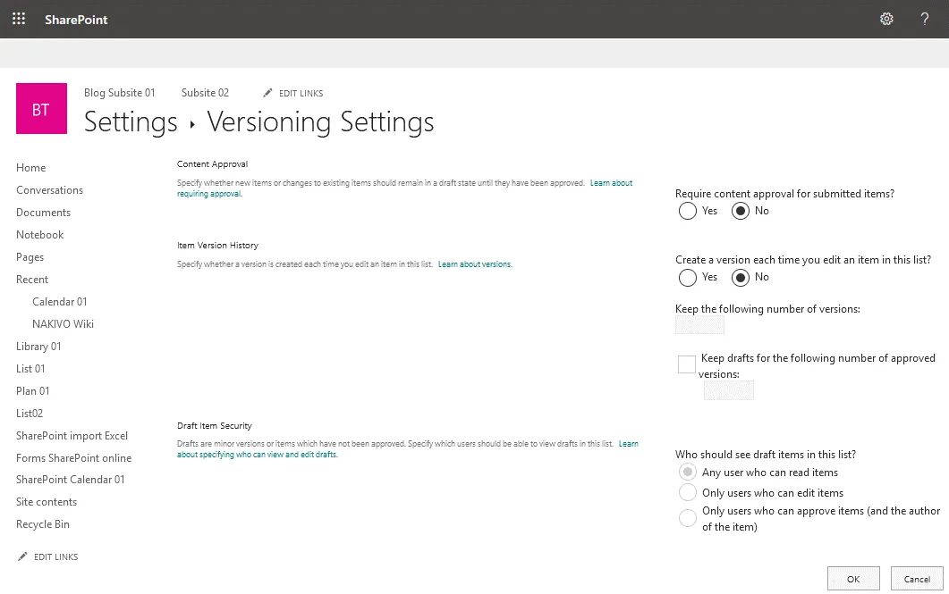 Versioning settings of a SharePoint calendar