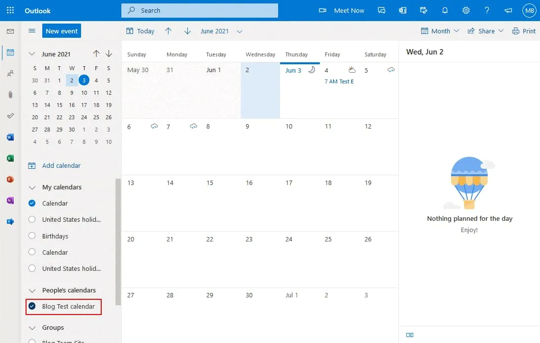 Viewing a shared calendar in Outlook Online