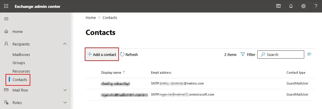 Adding a contact to set up mail forwarding in the Exchange admin center