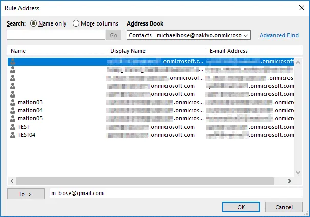 Forwarding email to another account – entering a destination email address in Outlook