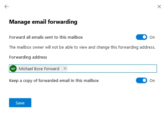 Forwarding email to another account is configured in the Exchange admin center