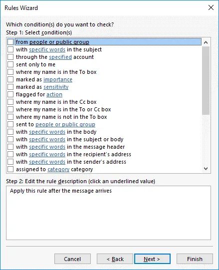 Forwarding email to another account - no conditions are selected in Outlook