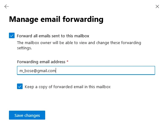 Forwarding email to another account – defining the destination email address